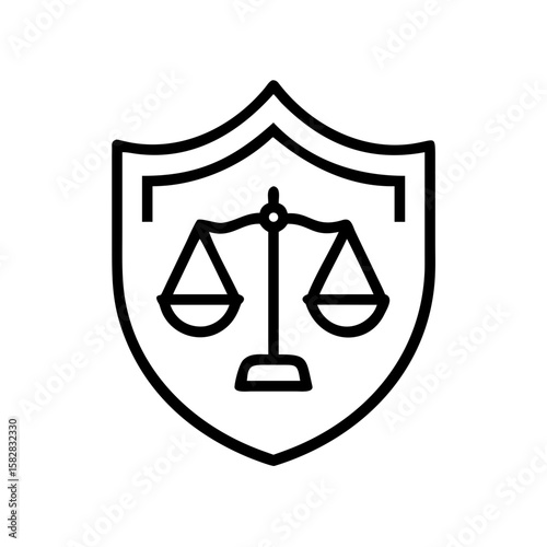 Minimalist black outline vector icon of a shield with scales, symbolizing justice, fairness, and Human Rights Day. Isolated on a transparent background