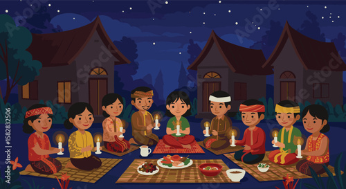 Indonesian Village Community Gathering with Candlelight Dinner