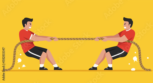 Two Men Competing in Tug of War on Yellow Background