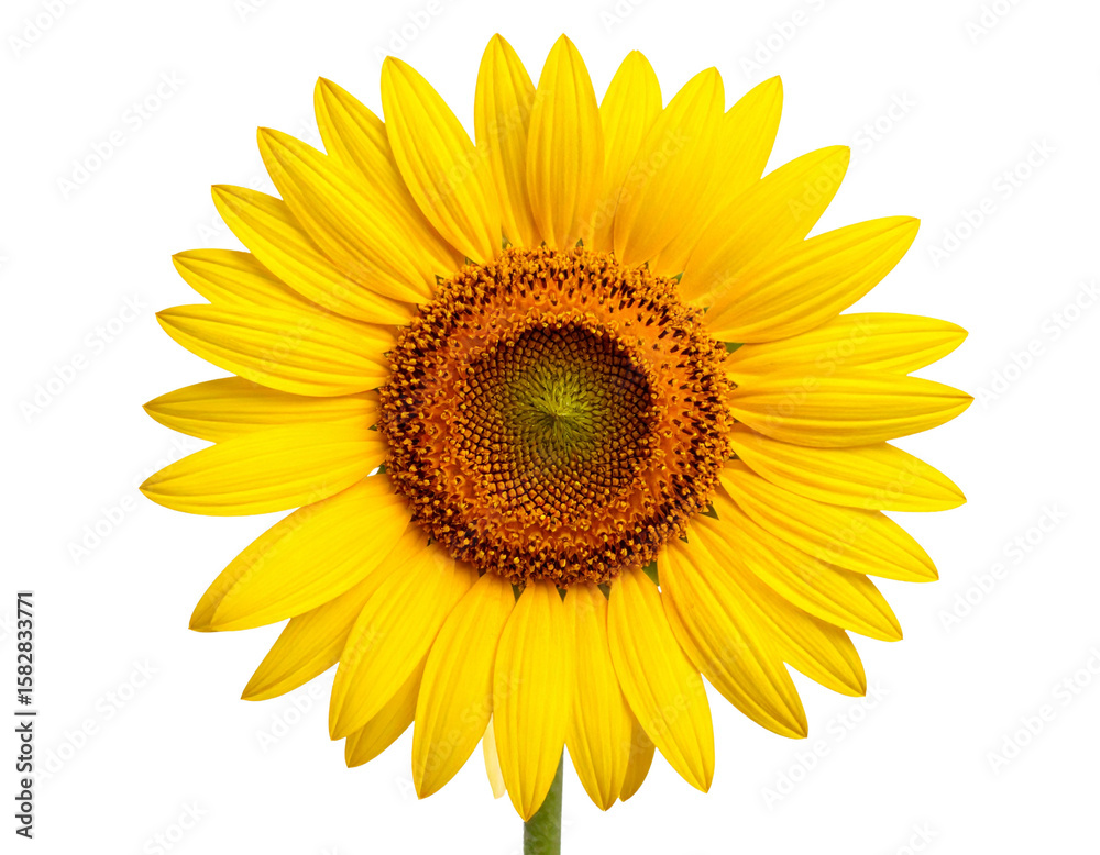 Fototapeta premium Single Bright Yellow Sunflower with Leafy Stem – Front-Facing Studio Capture, Transparent Background
