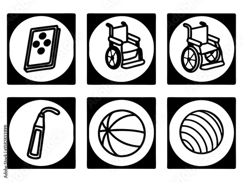 Collection of icons featuring medical and sports equipment