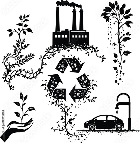 Eco-Friendly Lifestyle Doodle – Black and White Silhouette of Sustainability Icons Featuring Factory, Plant, EV Charging & Recycling