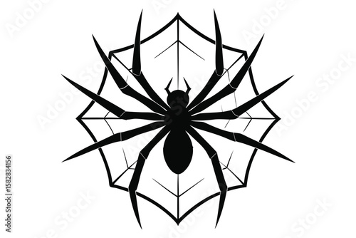 Vector art of a black spider silhouette on a geometric web isolated on white background
