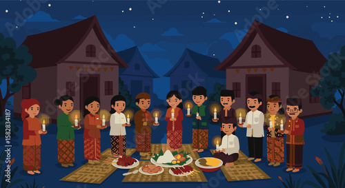 Indonesian Village Community Candlelight Gathering with Traditional Food