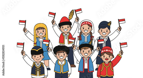 Children in international traditional costumes waving Indonesian flags