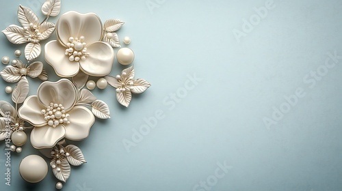Delicate cream flowers and pearls on a pastel background