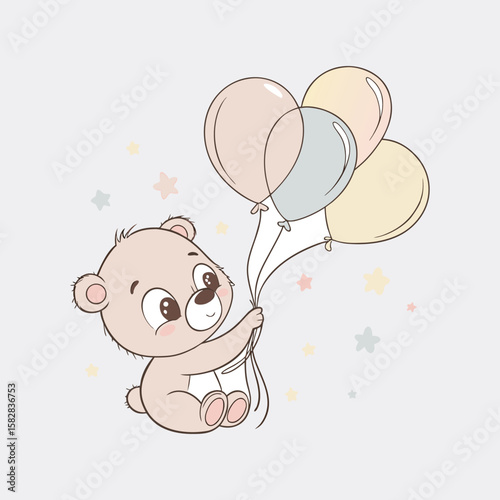 Cute Teddy Bear and Balloons: Adorable illustration features a lovable teddy bear holding colorful balloons. The gentle style and whimsical design evokes feelings of joy, celebration.