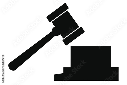 Vector art of a black silhouette of a gavel striking a sounding block