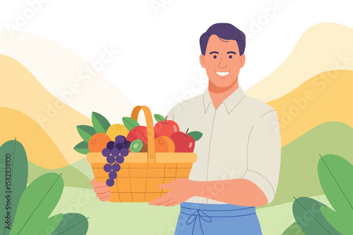 Smiling Man Holding Fruit Basket Healthy Eating Lifestyle