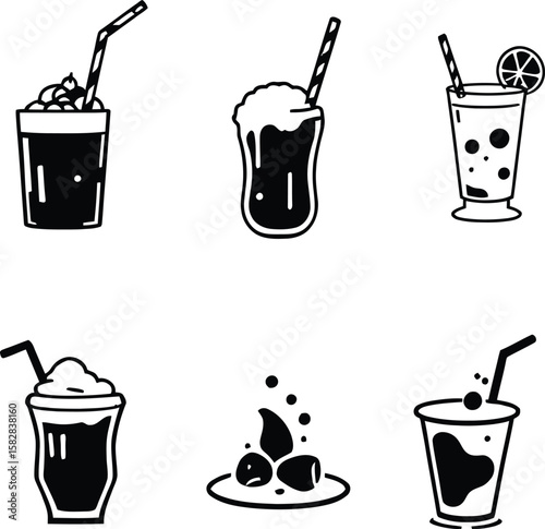 Refreshing Drinks Doodle Set – Black and White Silhouettes of Summer Beverages with Garnishes and Straws