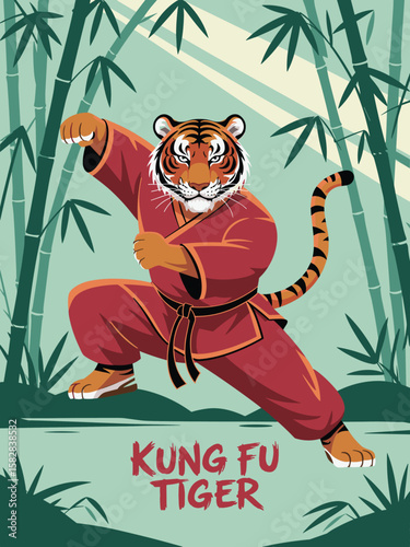 Kung Fu Tiger Illustration in a Bamboo Forest Setting