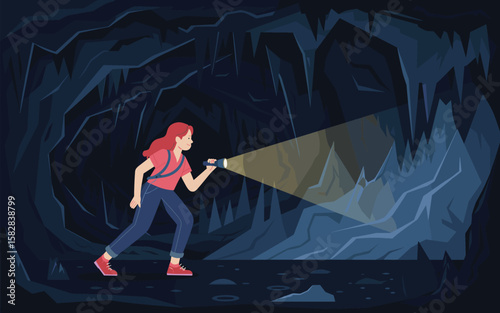 Exploring a Dark Cave Woman with Flashlight Adventure
