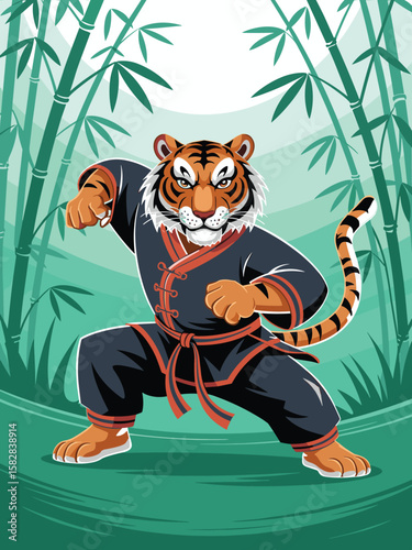 Tiger Striking a Kung Fu Stance in Bamboo Forest Vector