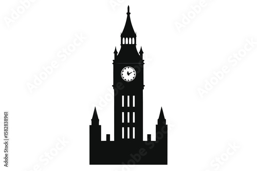 Vector art of silhouette of a classic clock tower, iconic landmark