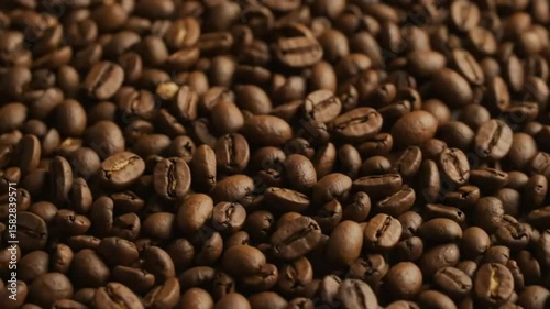 Roasted coffee beans densely packed displaying their brown color and texture