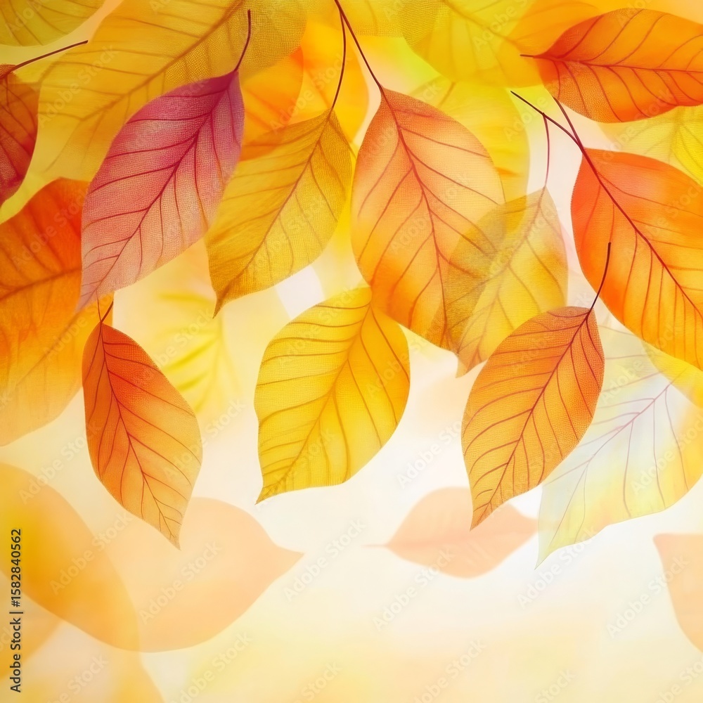 Fototapeta premium Enchanting Autumn Landscape Vibrant Golden Leaves Cascading from Trees in a Serene Forest Setting