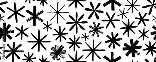 Geometric seamless pattern with crayon drawn stars and asterisks. Grunge rough vector snowflakes. Brush drawn bold asterisks. Abstract geometric banner design background. Vector ink illustration.