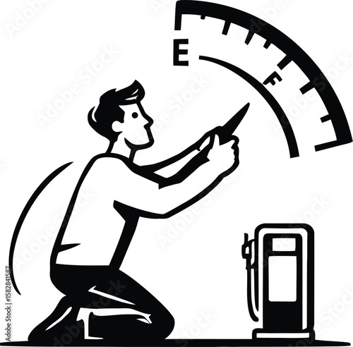 Fuel Check Icon Illustration Minimalist Black Silhouette Featuring Person Adjusting Gauge Needle Toward Full with Fuel Pump for Automotive Maintenance and Energy Concept Graphics