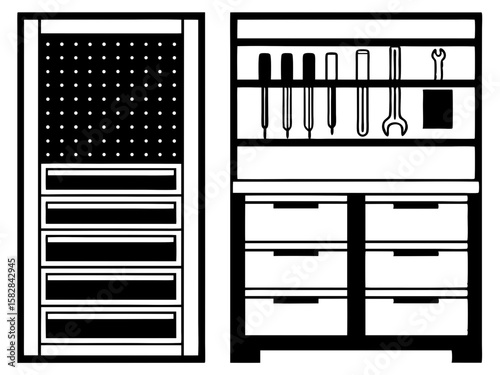 Organized tool storage cabinet with pegboard and drawers