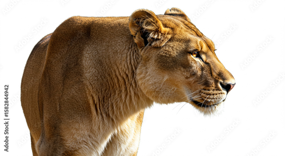 Fototapeta premium Intense Lioness Portrait Gazing Forward with Graceful Posture and a Sharp, Clear Focus Against a Minimalist White Background for Versatile Use