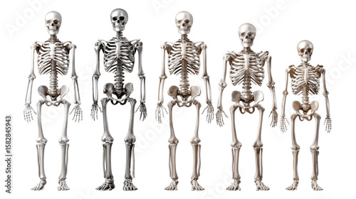 Human Skeletons Arrayed: A detailed and educational depiction of five human skeletons, presented in a row, illustrating the intricate structure and essential elements of the human skeletal system.
