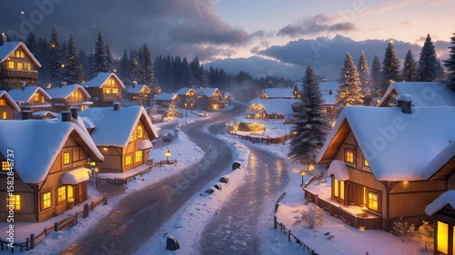 Snowy Winter Village at Sunset with Christmas Lights