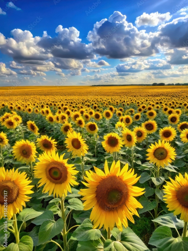 Fototapeta premium Vast Sunflower Field with Yellow Blooms in a Flat Landscape