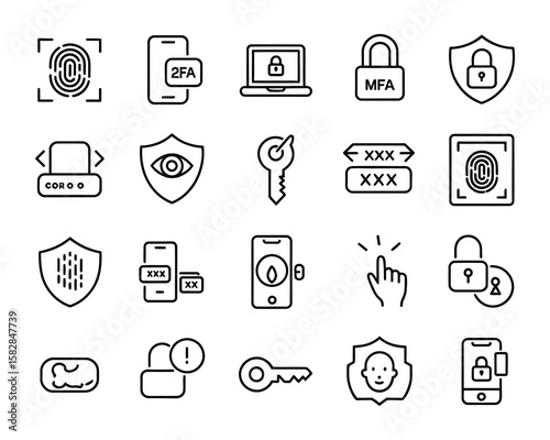 Passwords Line Style  Vector Icon Set  Fingerprint, passcode, lock, two factor, face ID, mobile login, eye scan, security, authentication, shield, access
