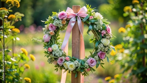 Floral wreath decorated with pastel-colored ribbons and greenery