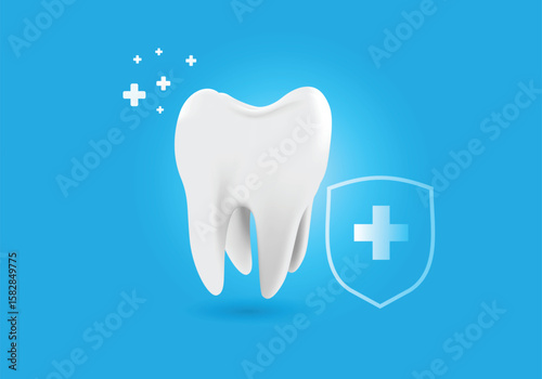 realistic healthy glowing tooth. Shield around white tooth. Dental care, protection and whitening