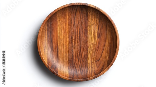A natural round wooden plate featuring elegant warm brown wood grain texture in smooth polished finish top view