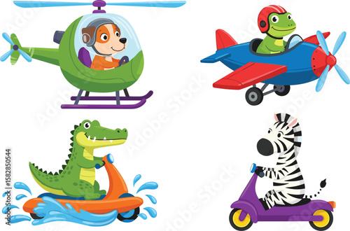 Cartoon animals driving vehicles, helicopter, airplane, scooter, jet ski, cute kids illustration, colorful vector art, fun transport design