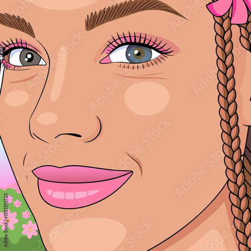 Pink-haired girl's beautiful face, a stylish vector illustration of a woman with captivating eyes, artistic makeup, and a charming smile, embodying fashion and glamour