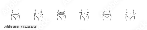 Female body shape, waist reduction, slimming, and body contouring icon set. Female waist symbol. Thin line style, black and white. Vector illustration.