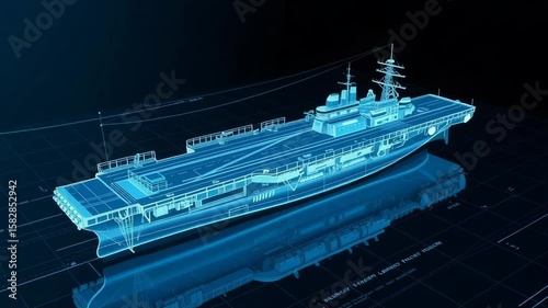 A futuristic blue wireframe blueprint of an aircraft carrier