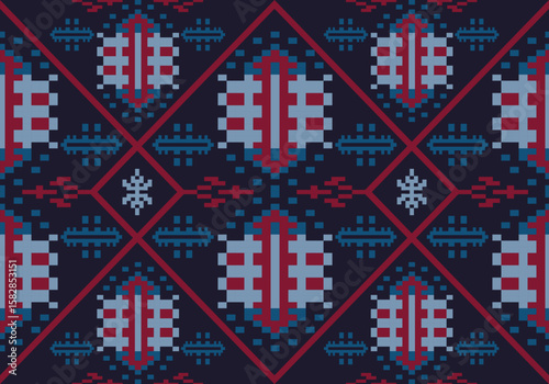 seamless sophisticated dark-hued pixel pattern using navy, red, and icy blue tones. It features shield-like motifs and aquatic shapes, arranged within structured red diamond frames for a regal effect.