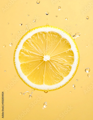 Levitating Lemon Slice with Splashing Water Drops on Yellow Background