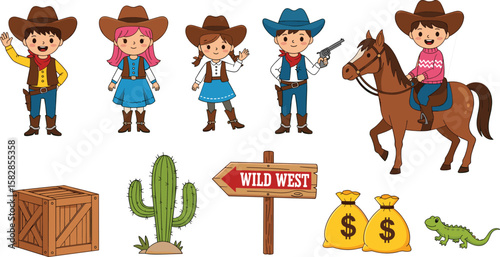 Wild West cartoon, cowboy and cowgirl illustration, desert elements, cactus, horse, kids educational design, western theme vector art