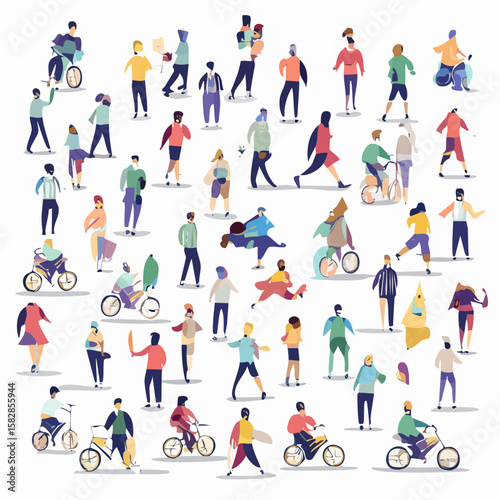Diverse People Interacting Flat Vector Illustration of Walking, Talking, and Biking Figures