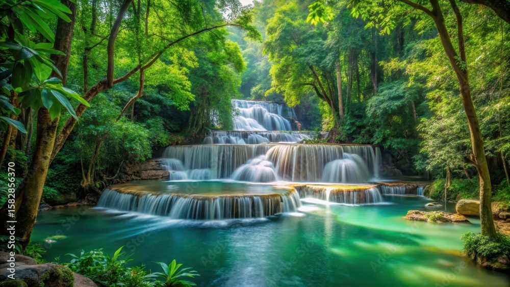 Naklejka premium Dense foliage of lush green forest surrounds the base of Huay Mae Kamin waterfall