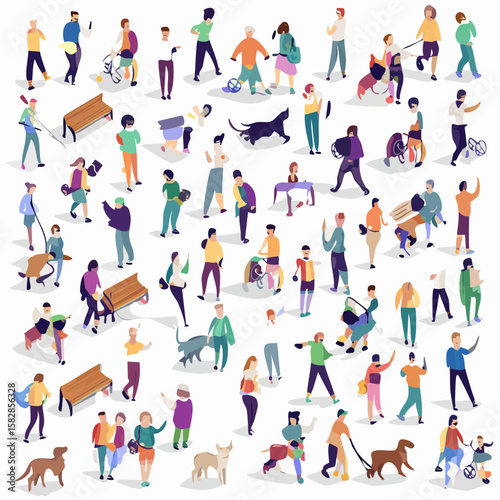 Diverse People Vector Set Flat Design Crowd with Various Poses and Activities in Public Space