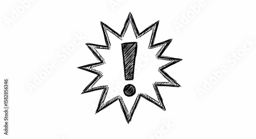 A handdrawn black exclamation mark within a starburst shape