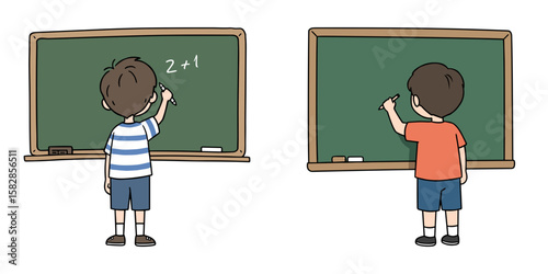 Boy writing on chalkboard with concentration, simple doodle drawing in flat style