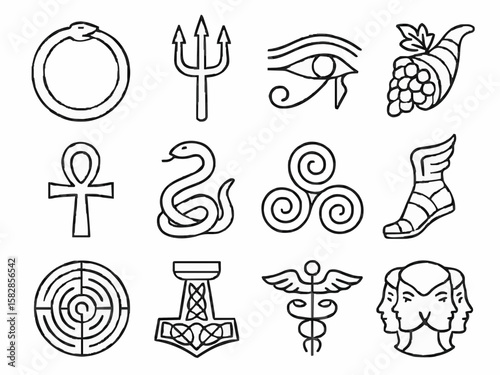Vector illustration of 12 unique minimalist mythology symbols line art icons in a 3×4 grid for fantasy stories, ancient legend branding, cultural heritage projects, mystical game design