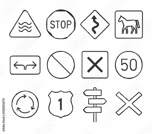 Vector illustration of 12 minimalist road signs line art icons in a 3×4 grid for navigation apps, traffic safety education, driver training materials, transport branding, and urban planning projects