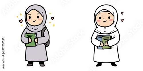 Muslim girl in hijab with schoolbooks, simple doodle drawing in flat style