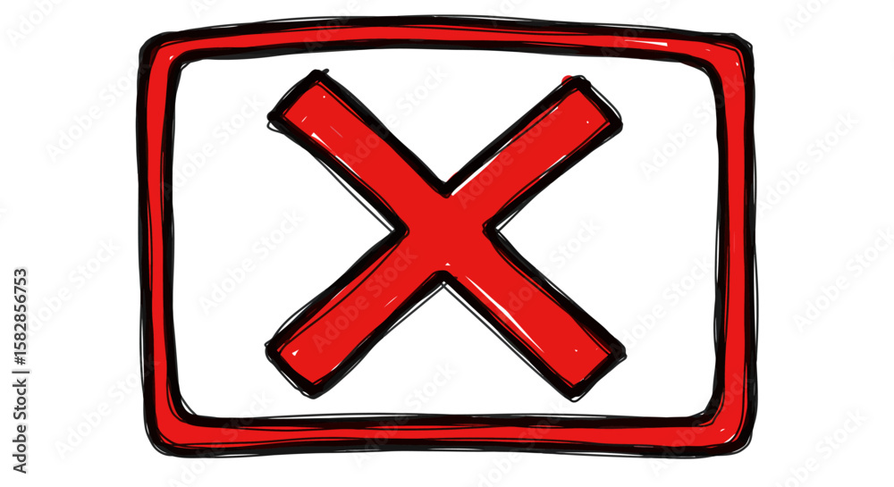 Fototapeta premium A red cross is drawn within a red square frame on a white background