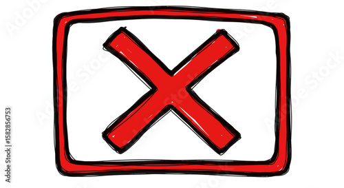 A red cross is drawn within a red square frame on a white background