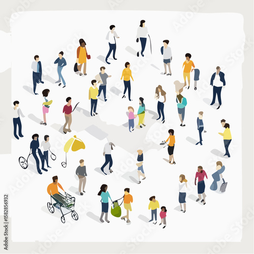 Isometric Street Life A Diverse Crowd of People in Minimalist Style