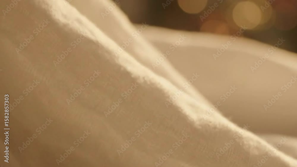 Close up of crumpled white fabric showing its woven texture with blurred lights in the background